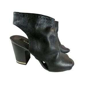 DKNY! BLACK PERFORATED GENUINE LEATHER PREP TOE OPEN CHUNKY HEELS! SZ 8.5M